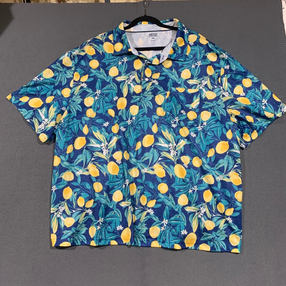 IZOD Saltwater Mens 4XB Lemon Citrus Print Polo Shirt Blue Yellow Performance